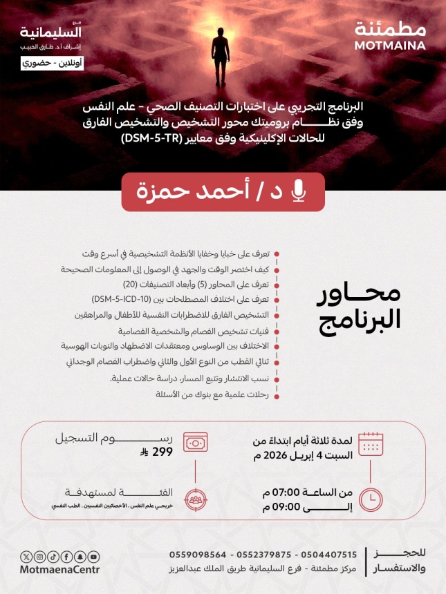 البرنامج التجريبي على اختبارات التصنيف الصحي – علم النفس وفق نظام بروميتك محور التشخيص والتشخيص الفارق للحالات الاكلينيكية وفق معايير (DSM-5-TR) 